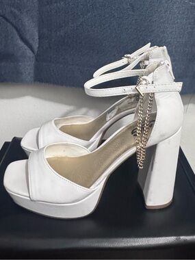 G by Guess White Platform Block Heels with Gold Chain Detail